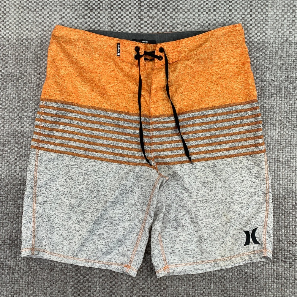 Hurley Board Shorts Mens 32 Orange Grey Striped Surf Swim Trunks Beachwear
